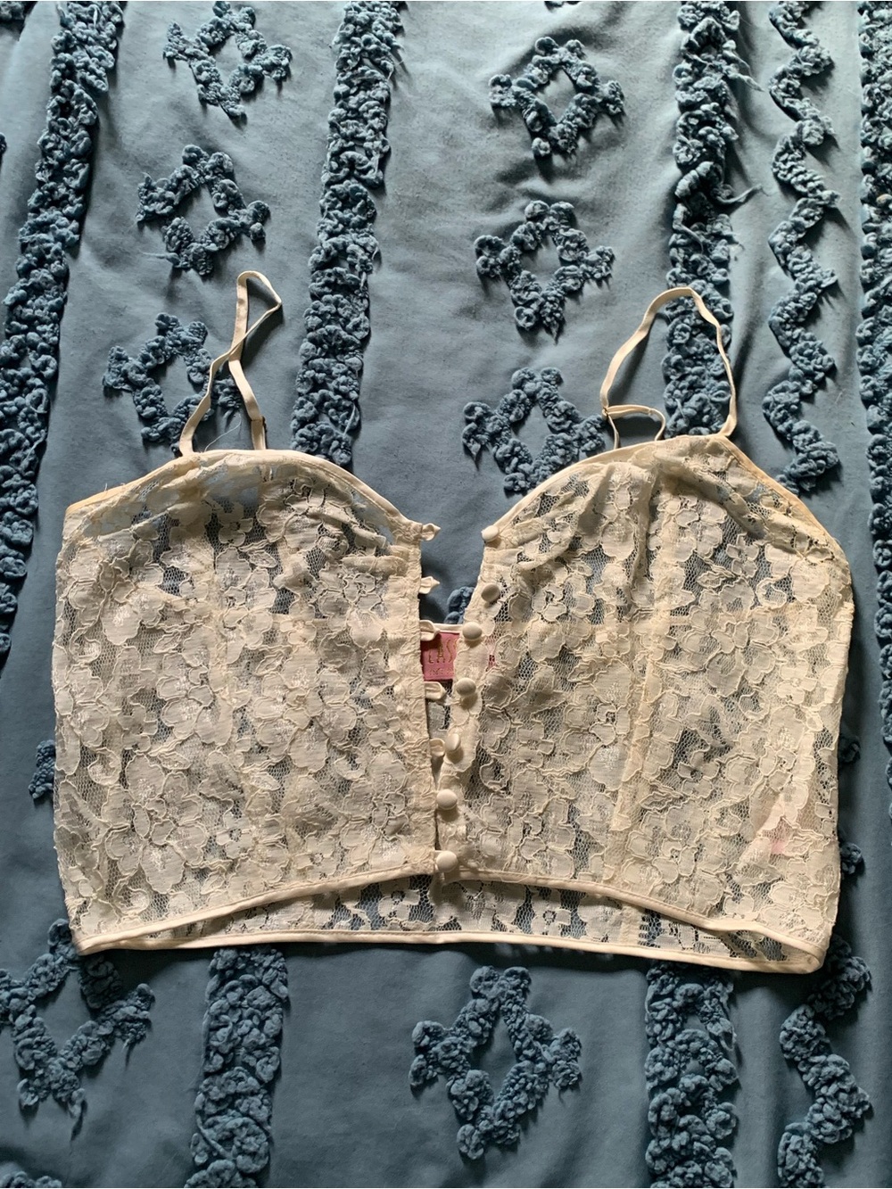 Oleg Cassini Intimates Ivory Lace Longline Bralette w/ Silk Buttons and Trim Y2K